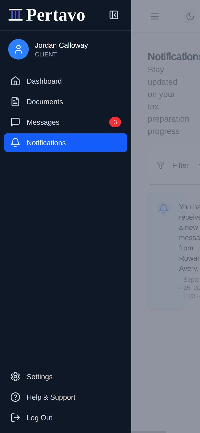 A phone with the navigation drawer open, showing Jordan Calloway labelled CLIENT above Dashboard, Documents, Messages with three unread, and Notifications.
