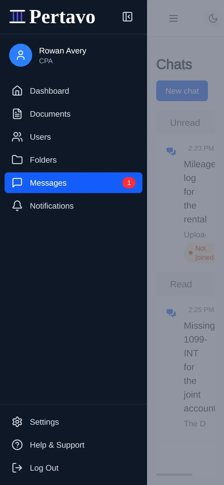 The same phone drawer signed in as the firm, showing Rowan Avery labelled CPA above a longer menu: Dashboard, Documents, Users, Folders, Messages and Notifications.