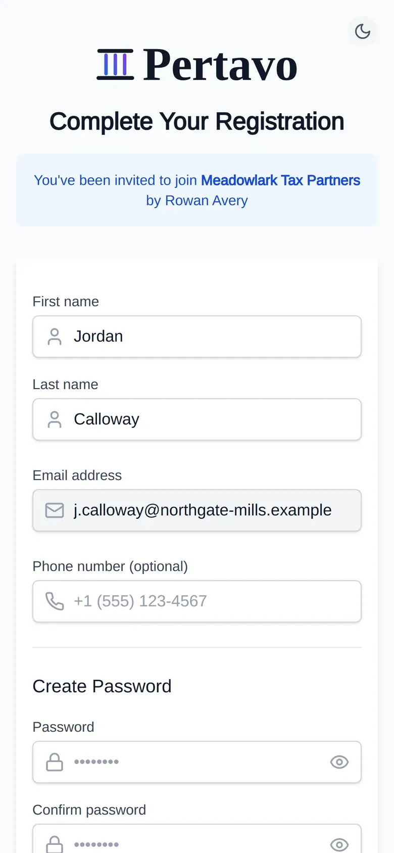 A phone showing the Pertavo registration screen. It reads "You have been invited to join Meadowlark Tax Partners by Rowan Avery", with the name and email already filled in and a password to create.
