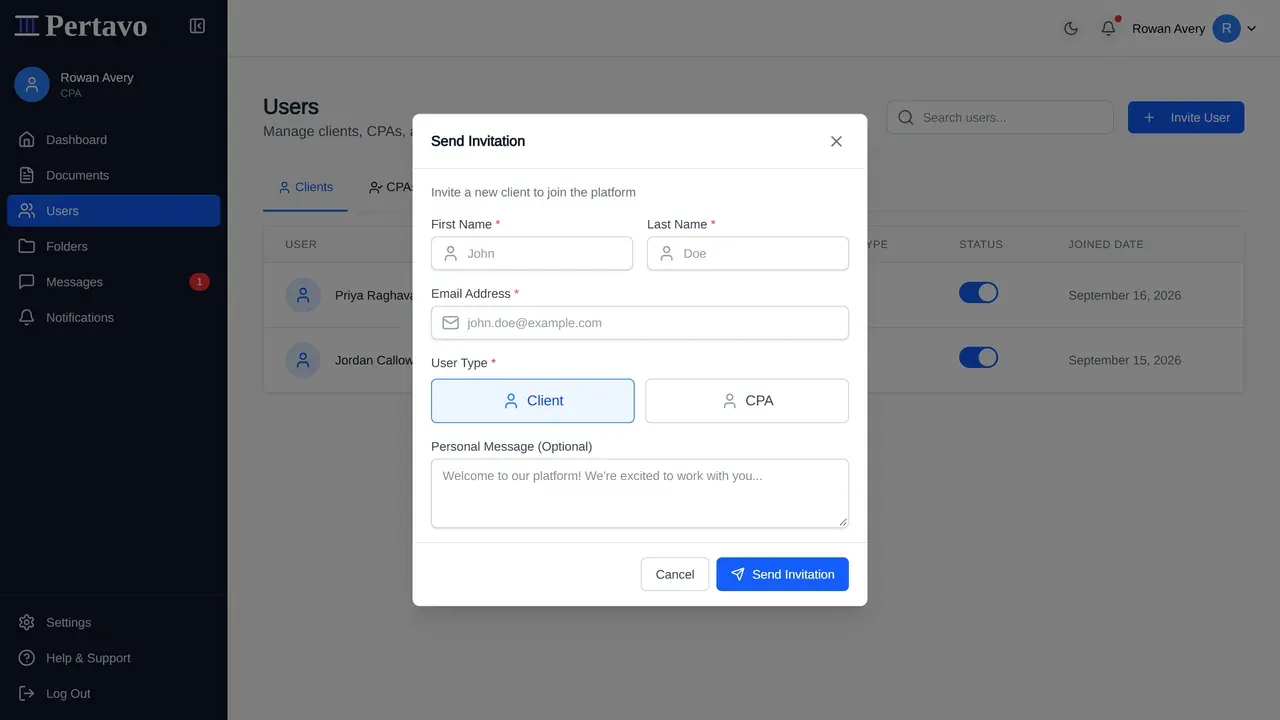The send invitation dialog, with fields for the client email address and role.