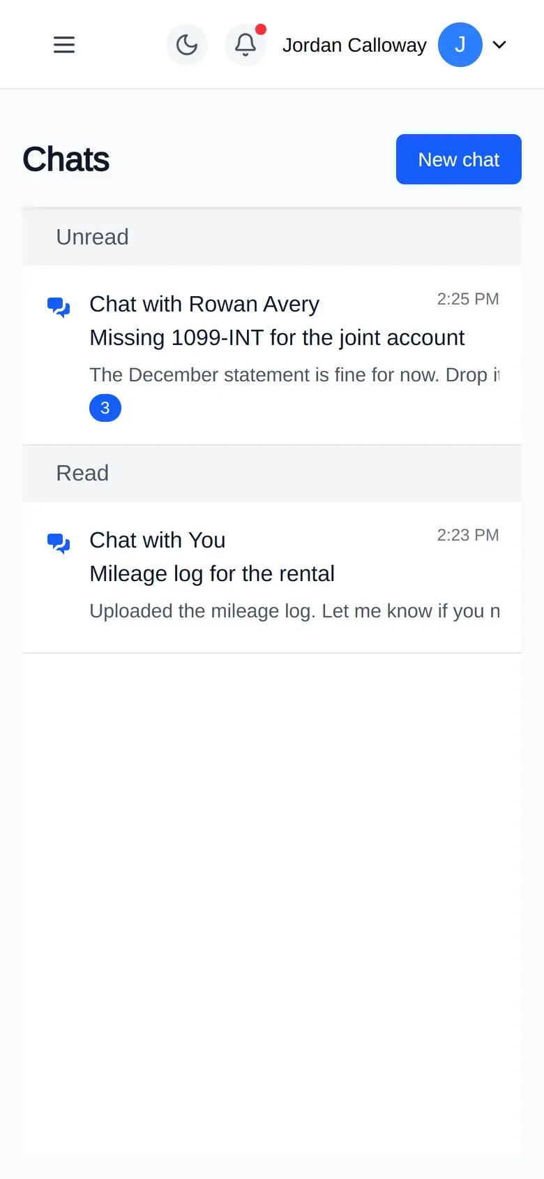A phone showing a list of message threads: "Missing 1099-INT for the joint account" with two unread messages, and "Mileage log for the rental".