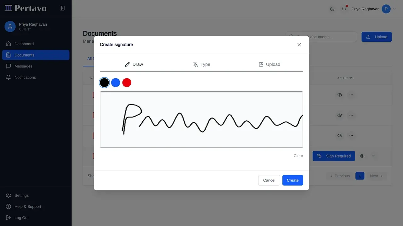 The Create signature dialog on the Draw tab, with three colour choices and a signature drawn by hand across the pad.