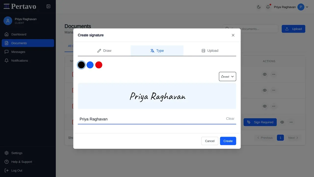 The Create signature dialog on the Type tab, showing a typed name rendered in a handwriting face, with a dropdown to change the face.